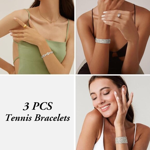 ✨ Fibo Steel Stretch Bracelets Women Silver Rhinestone Sparkly Tennis Jewelry - Picture 5 of 6